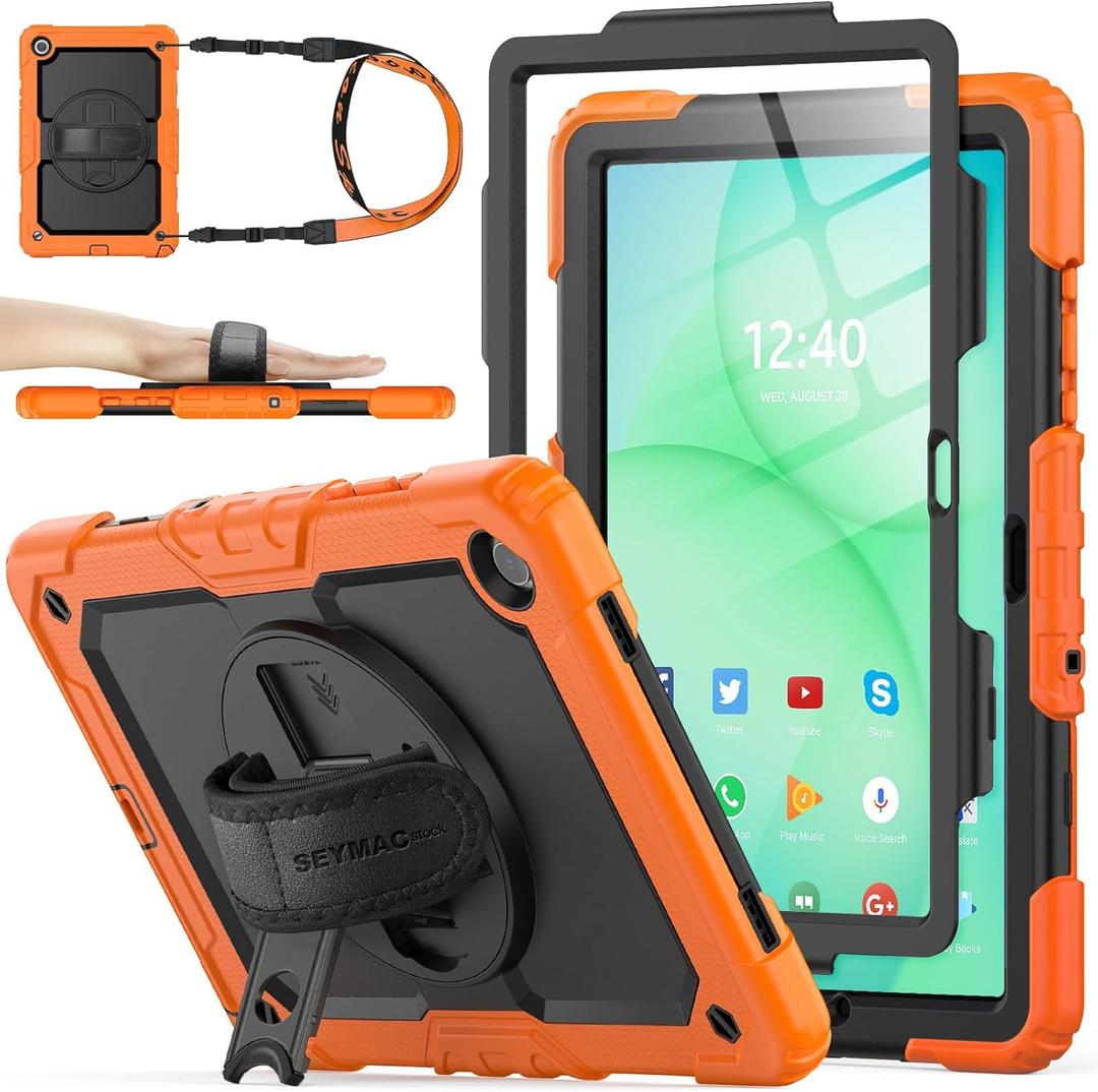 SEYMAC stock Case for Samsung Galaxy Tab A11+ Plus/A9+ Plus 11'', Full-Body Drop Protection Case with Screen Protector Pencil Holder [360 Rotating Hand Strap] &Stand, Orange+Black