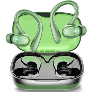 Wireless Earbuds, 60H Playback Bluetooth 5.3 Headphones,Noise Cancelling Wireless Headphones with LED Battery Display, Mics Clear Call, IPX7 Waterproof Bluetooth Earbuds for Workout Sports (GREEN)