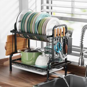 Swedecor Dish Drying Rack - 2 Tier Dish Rack Rust Resistant Small Dish Drainer with Drain Spout and 4 Hooks Utensil Holder for Kitchen Countertop Saving Space, Black
