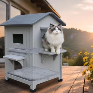 Weatherproof Outdoor Cat House with Mat for Feral Multi Cat, 2 Storey Plastic Insulated Elevated Cat Shelter with Escape Door, Easy Assemble, Expansive Interior Grey 34" D x 21" W x 21.5" H