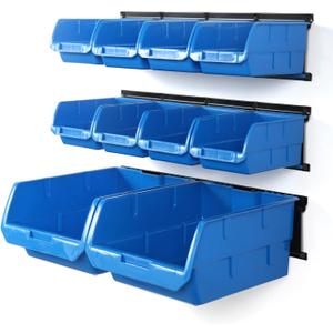 Wallmaster Wall Mounted Storage Bins, Wall Storage Bins Parts Rack 10 Bins&3 Rails Wall Mount Tool Organizer Hardware Storage Organizer (Blue)