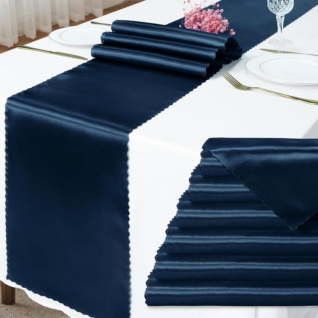 6 Pack Navy Blue Satin Table Runner 12 x 72 Inch Long,Bright Smooth Table Runner with Scalloped Edges,Silky Dinner Table Runner Decorations for Weddings,Banquet,Birthday Parties,Graduations
