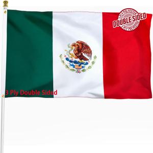 Mexico Mexican Flag 3x5 ft Outdoor, Double Sided 3 Ply Heavy Duty National Flag for MX, 100% Quality Polyester Mexico Mexicana Banner with Brass Grommets 4 Rows Stitches