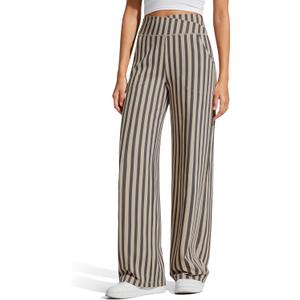 G4Free Wide Leg Pants for Women Loose Yoga Pants with Pockets Petite/Regular/Tall Stretch Casual Lounge Pants (Large, Khaki Stripe)
