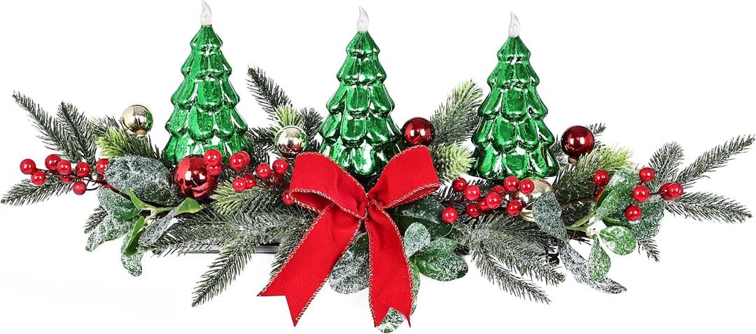 Christmas Table Centerpiece with LED Lights, Christmas Decoration with 3PCS Green Christmas Tree, Red Berry, Christmas Balls for Holiday Party, Home, Fireplace Christmas Table Centerpiece with LED Lights, Christmas Decoration with 3PCS Green Christmas Tree, Red Berry, Christmas Balls for Holiday Party, Home, Fireplace