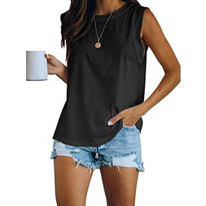 Women's Summer Sleeveless Tank Top Loose Fit Casual Crew Neck T Shirts Basic Tee Tops Black, Medium