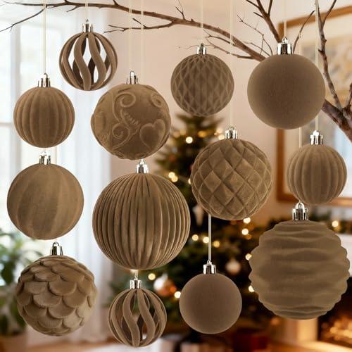 18Pcs Velvet Christmas Tree Ornaments Set, Light Brown Vintage Flocked Hanging Christmas Balls Ornaments, Shatterproof Decorative Hanging Balls Decor Assortment for Xmas Tree Holiday Home Party Decor