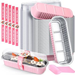 Tioncy 100 Sets Fall Mini Loaf Pans with Lids Spoons Sealing Stickers, Harvest Mini Cake Pans, Rectangle Aluminum Foil Baking Bread Containers, Bakery Party Supplies 6.8oz(Pink,Classic)