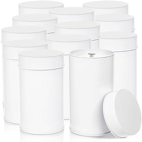 Yesland 12 Pack Tea Tin Canister with Airtight Double Lids, 17 Fluid oz Tea Storage Organizer Tin Can Small Round Kitchen Canisters for Loose Tea, Coffee, Candy, Herbs and Spices - White