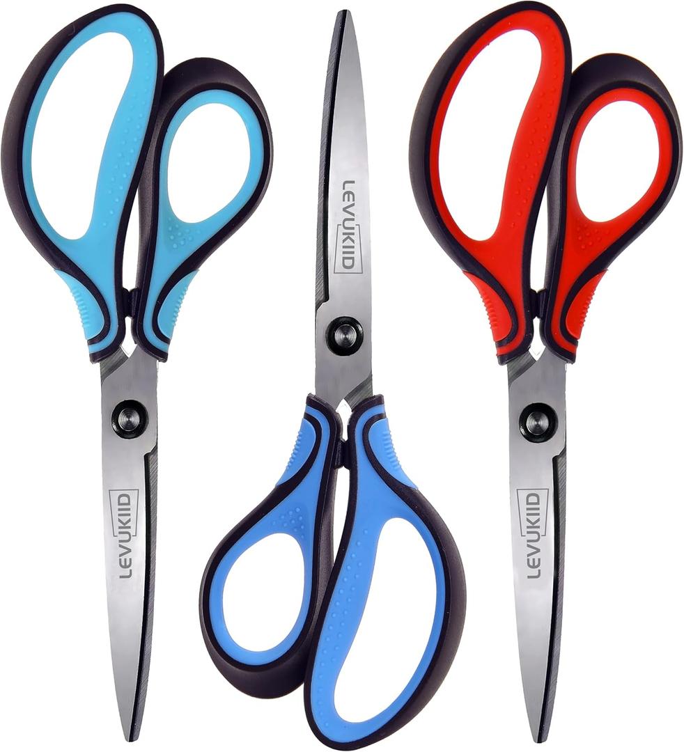 Real Left handed scissors for adults with comfortable 3-color ergonomic handle, 8.5 INCH 3 Packs Scissors All purpose left handed Tool for Daily Cutting Needs