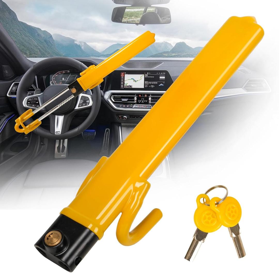 Steering Wheel Lock Anti-Theft Device Adjustable Length Clamp Double Hook Locks, Security Steering Wheel Lock with 2 Keys for Cars, Suvs, Vans and Trucks (Yellow)