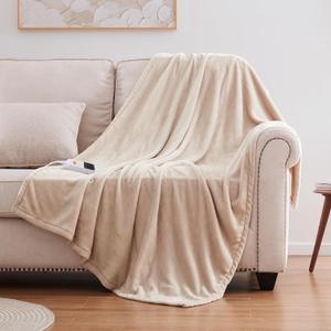 Sealy Heated Blanket Electric Throw 50"x60", Soft Double Flannel Electric Blanket with 6 Heat Levels & 2-10 Hours Auto Shut Off, Machine Washable, Even Heat Distribution, Beige