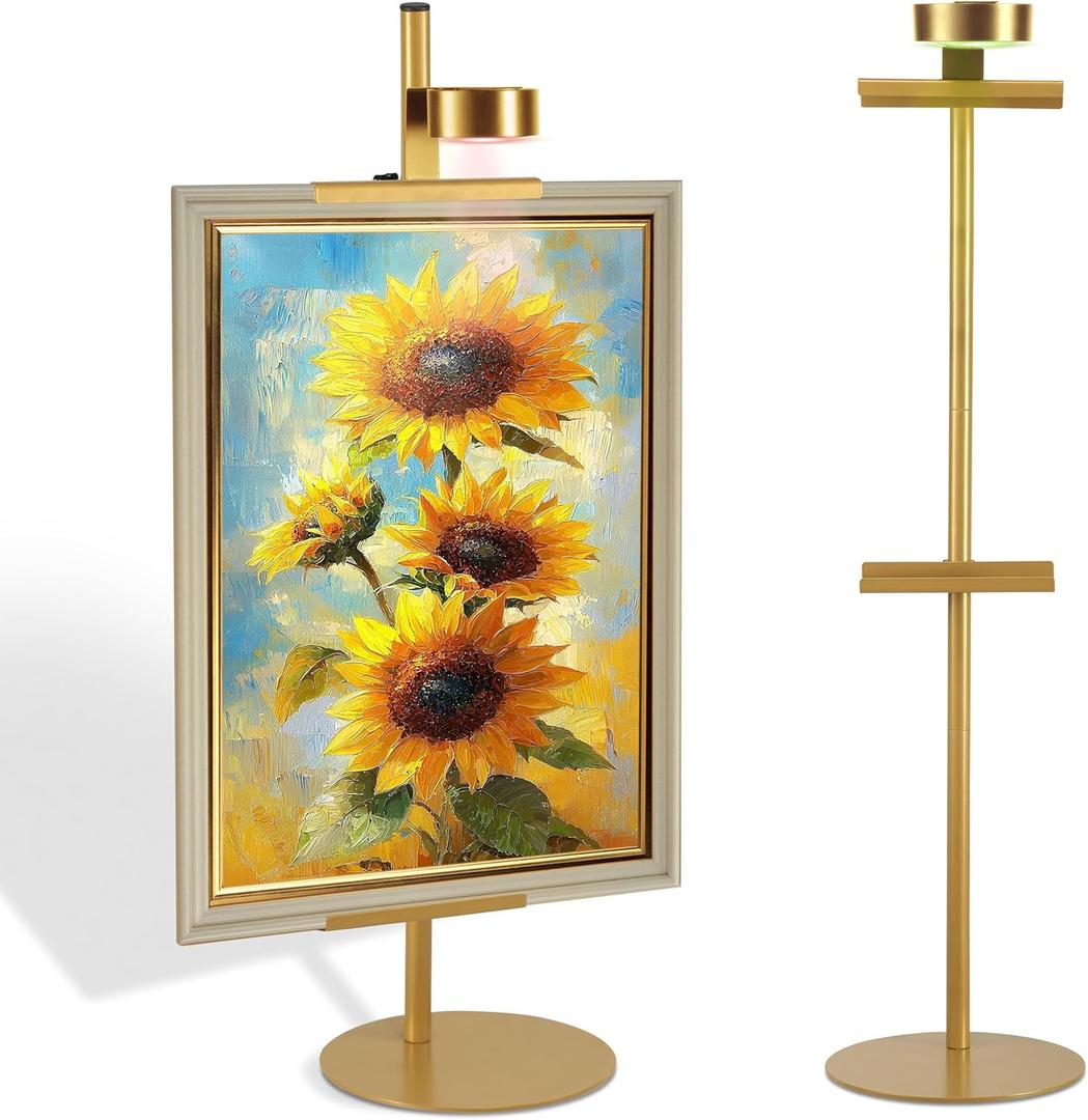 Adjustable Desktop Photo Frame Stand with Magnetic Wall Painting Light, Holds Picture Frames up to 30 Inch,with Rechargeable Battery,Metal Vertical Stand with 3 Color Temperature & 13RGB Poster Lights, for Displaying Picture Frames, Artworks (1 Pack,Gold)