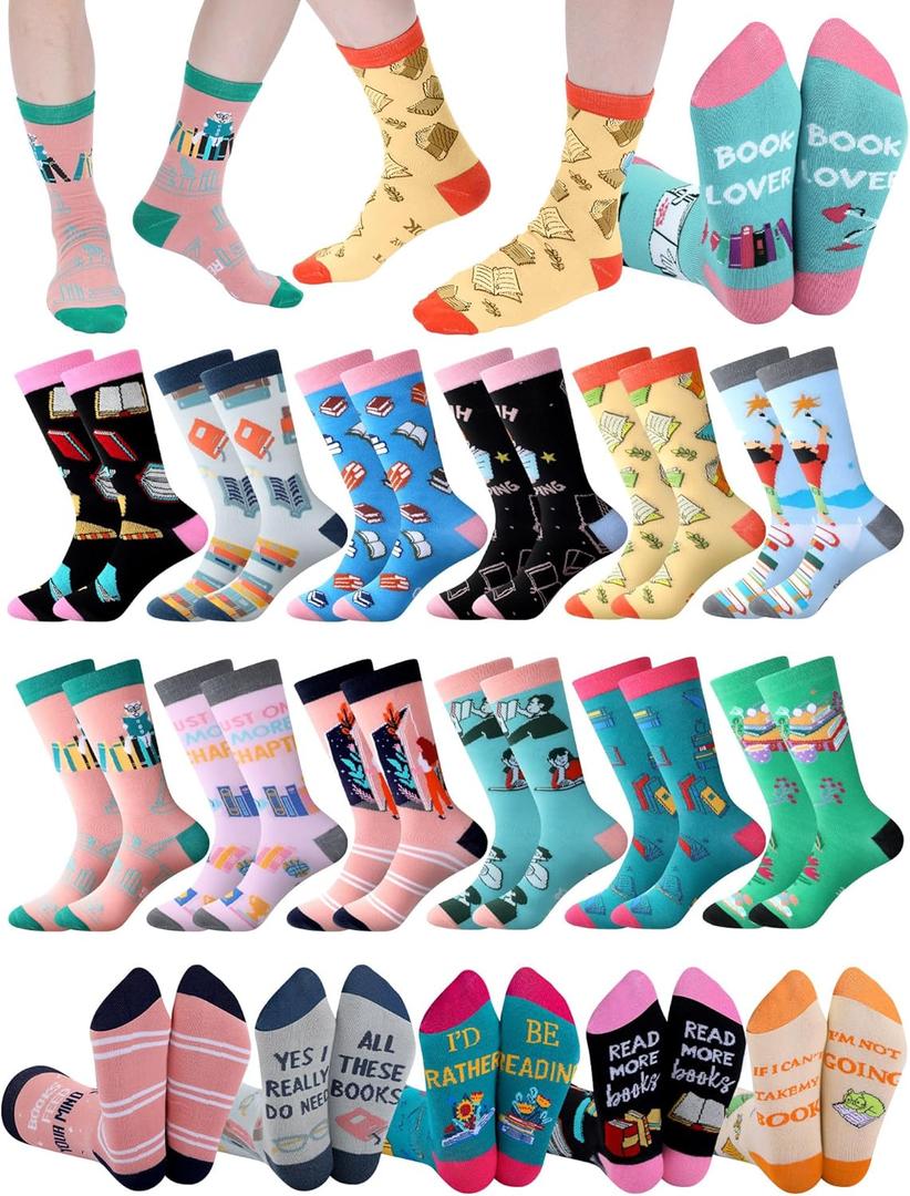 Liitrsh 12 Pairs Book Lover Socks for Women Men Novelty Reading Socks Christmas Gifts for Book Club Bookworm Bookish (Pastel Color)