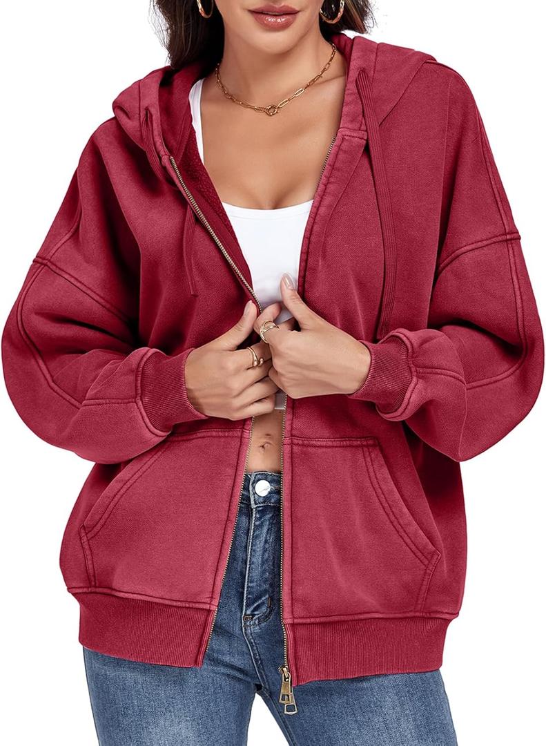 WOWULOVELY Womens and Mens Zip Up Hoodies Acid Wash Long Sleeve Oversized Sweatshirts Distressed Fleece Jacket with Pockets (Red, L)