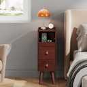 WLIVE Small Nightstand with Drawers, Narrow Bedside Tables with Open Shelf & Cable Hole, Narrow Nightstand for Bedroom, Modern Storage Cabinet for Small Spaces/Living Room, Cherry