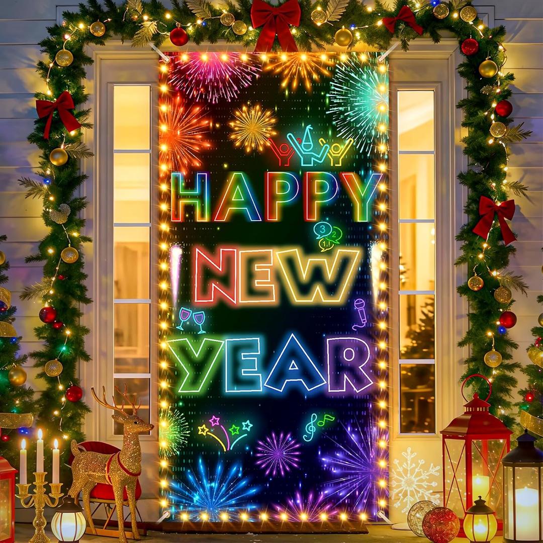 Happy New Year Door Cover Decorations 2026 Large Neon Colorful Fireworks New Year Door Banner with LED Light (No battery) for 2026 New Years Eve Party Supplies Indoor Outdoor Front Door Wall Decor