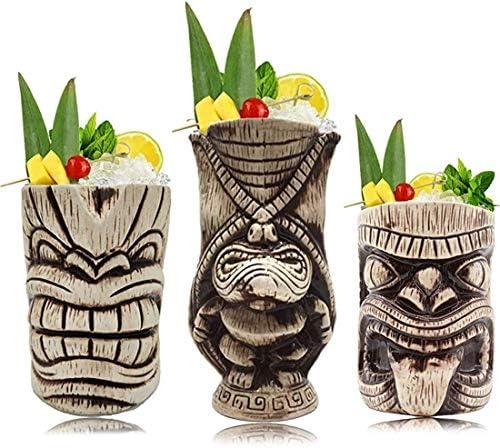 Tiki Mugs Set - Large Ceramic Tiki Mug, Cocktail Mugs for Mai Tai, Punch, Pina Colada, and Tropical bar Drinks (TIKISET)