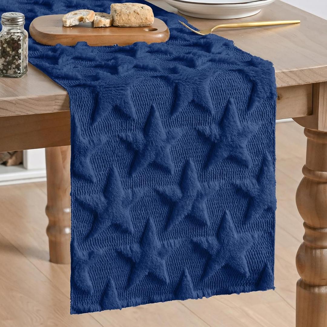 Artoid Mode Blue Soft Plush Faux Fur Jacquard Big Stars 4th of July Table Runner, Memorial Day Holiday Kitchen Dining Table Decoration for Home Party Decor 13x120 Inch