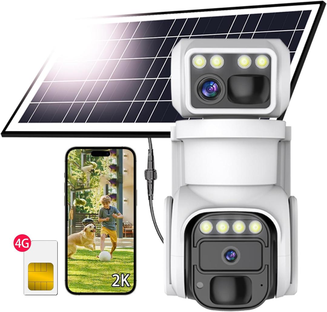 No WiFi Security Camera, 4G LTE Cellular Security Camera, 2K Solar Cellular Cam HD Dual Lens 360 Pan Tilt, Color Night Vision, PIR Motion Detection, IP66 Waterproof with Pre-Installed SIM