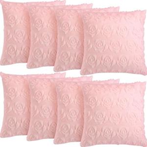 Mixweer 8 Sets Cute Throw Pillows Covers 18 x 18 Inch Rose Faux Fur Pillow Decorative Plush Embroidery Cushion Covers for Couch Sofa Home Bedroom Living Room Valentines (Pink)