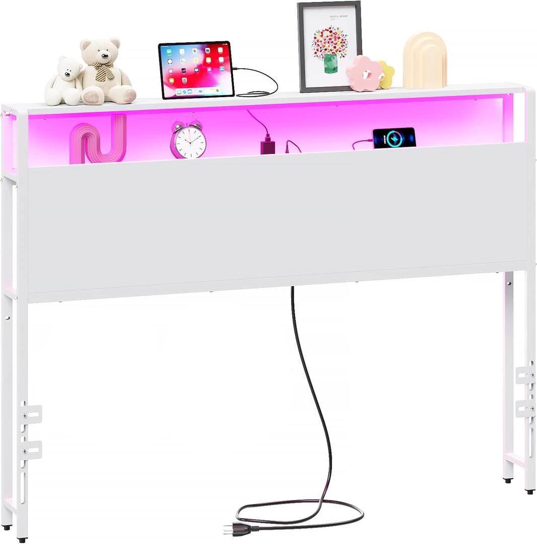 Merronix Full Sized Headboard with 2 Tiers Storage Shelves, Sturdy and Stable Headboard with Charging Station, USB Ports and LED Light for Full Bed Frame, White