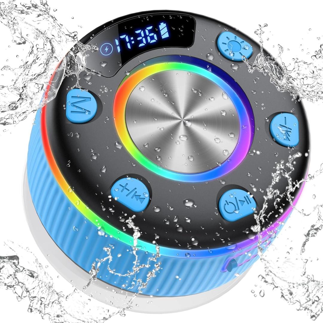 Bluetooth Shower Speaker, Portable Bluetooth 5.3 Speakers Wireless with Time Display, IP7 Waterproof Mini Speaker with RGB Lights, Suction Cup, Stereo Bass, for Bathroom Party Travel Outdoor, Blue