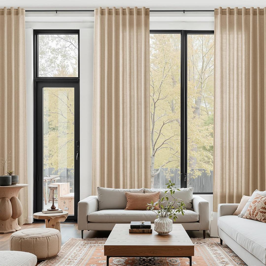 Sand Beige Linen Curtains for Living Room 126 Inches Long Simple Modern Light Filtering Semi Sheer Curtain Back Tab Rustic Home Decor Drapes Floor to Ceiling High Window for Bedroom 52x126, 2 Panels