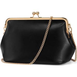Women's Kiss Lock Crossbody Bag PU Medium Handbags Kiss Clasp Crossbody Shoulder Bags Tote Purse Messenger Handbag (Black)