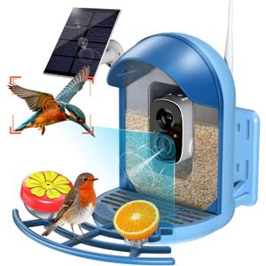 Smart Bird Feeder with 2K Camera, Solar Powered Wireless Birds House with APP Control, Night Vision, Motion Detection Alerts, IP66 Outdoor Birdfeeder for Backyard Garden Bird Watching,Blue