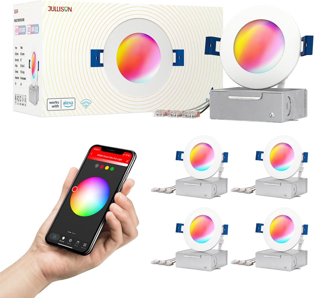 3" LED Recessed Canless Smart Wafer Downlight, WiFi APP & Voice Control, 120VAC, 7W, 420LM, RGB + 2700K-6000K, ETL & FCC & IC, Wet Rated, Compatible with Alexa/Google Home, White - 4 Packs