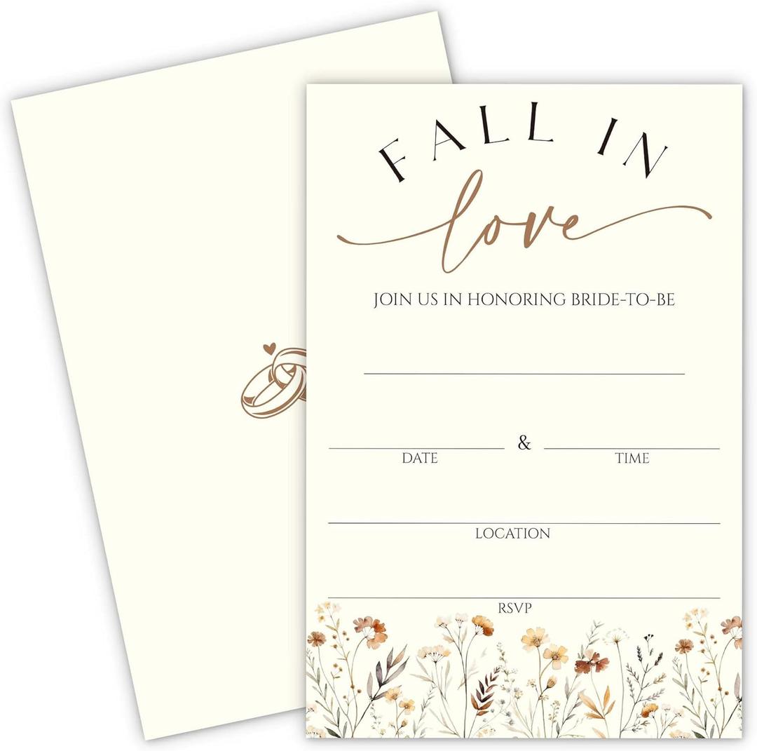 Fall in Love Bridal Shower Invitations With Envelopes And RSVP Cards - Blank Autumn Wildflower Design With Hand Writable Fields - Wedding Invitations Set of 20(4 x 6 Inch)(004)