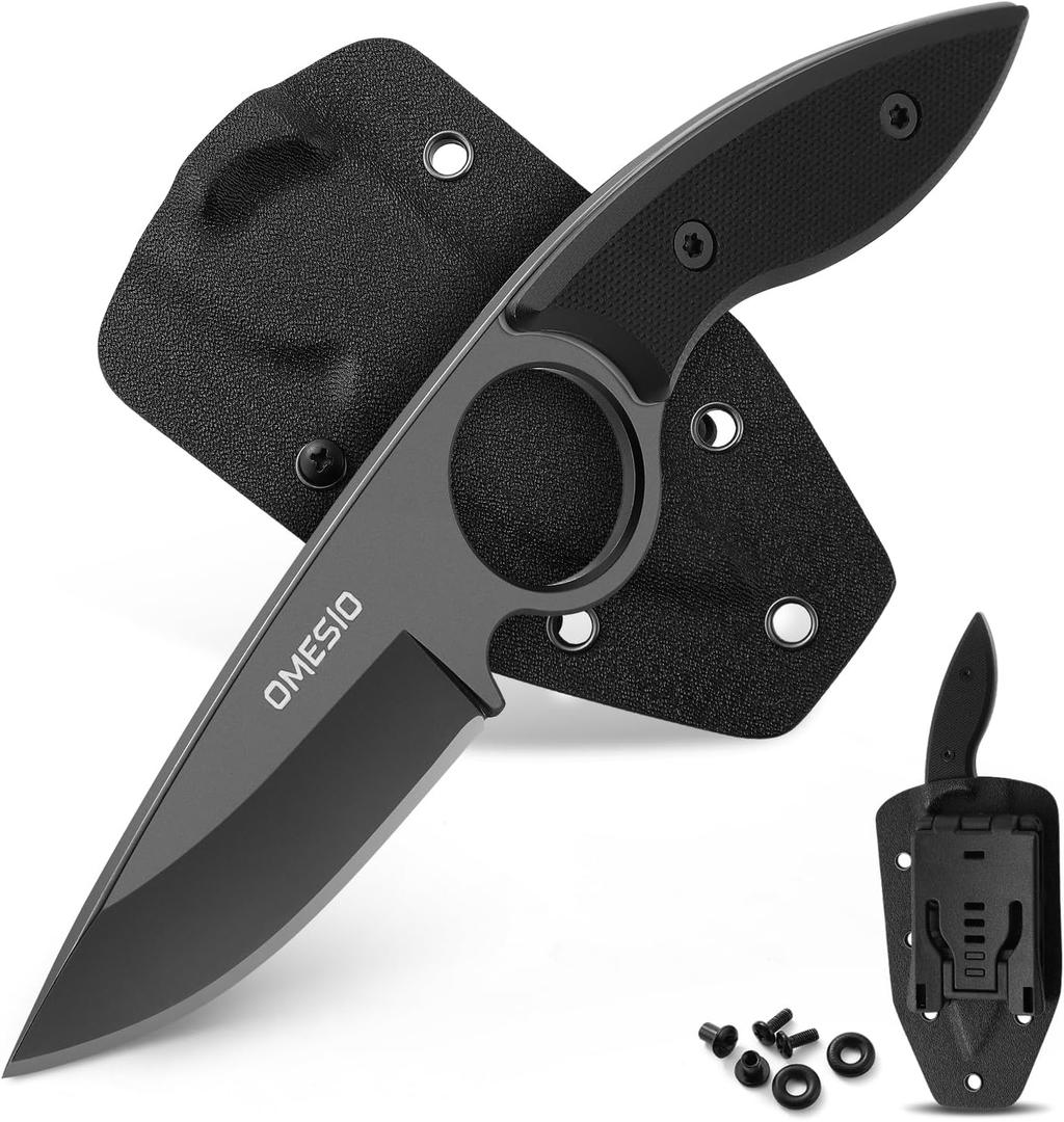 Omesio Small Fixed Blade Knife, Tactical Hunting Camping Knife with Kydex Sheath, Full Tang Stainless Steel Compact EDC Neck G10 Handle with Gift Box for Men (Black)