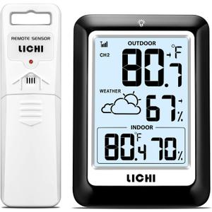 Indoor Outdoor Thermometer Wireless Weather Station, Internal External Thermometer Hygrometer, Home Batteryoperated Temperature Humiditymonitors330 Feet (About 100 Meters) Backlight Display (Black)