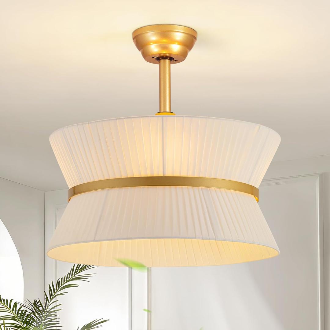 Boho Fandelier Ceiling Fan with Light and Remote Rattan Chandelier Fan Fabric Chandelier Fan Gold Caged Ceiling Fan with Light for Bedroom, Living Room Nursery Foyer Kitchen Timing Adjustable Height (White)