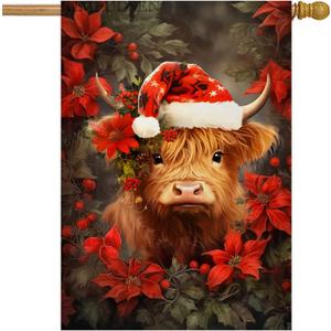 Christmas Highland Cow House Flag 28x40 Inch Double Sided Large Burlap Holiday Yard Flag, Outdoor Rustic Farmhouse Christmas Decor