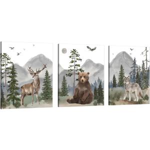Woodland Nursery Wall Art Decor: Forest Themed Animal Wall Art Prints Canvas Posters Nursery Decor for Boys Girls Room,Wildlife Deer Bear Wolf Pictures for Bedroom Wall Decor,12x15 Inch,Set of 3