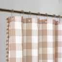 VOILYBIRD Tan and White Shower Curtain Linen Texture Buffalo Plaid Farmhouse and Boho Mix with Pompom 36" W x 72" L