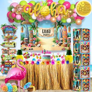 180 pc Premium Luau Party Decorations Set Hawaiian Birthday Party Decor with Balloons, Backdrop, Table Skirt, Toppers & More Tropical Aloha Themed Supplies for Indoor & Outdoor Celebrations
