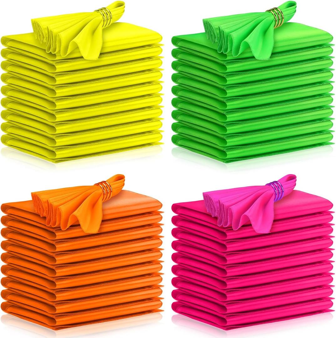 VitalCozy 60 Pcs Neon Party Satin Napkins Bulk 17" x 17" Square Silk Stain Soft Fabric Smooth Reusable Cloth Napkins for Neon Party Wedding Supplies