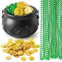 JOYIN 119 Pcs St. Patrick’s Party Supplies Set, 18 Green Bead Necklaces, 100 Plastic Coins & 1 Cauldron, St Patrick’s Day Party Favor Supply (Black Cauldron, Green Bead Necklace & Gold Coins)
