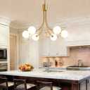 6-Light Sputnik Chandelier Modern Brushed Brass Dining Room Light Fixture Mid Century Gold Chandelier with Milk Glass Hanging Pendant for Kitchen Island Dining Room, Living Room, Bedroom, Foyer