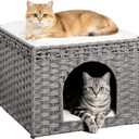 Snughome Handwoven Rattan Cat House - Indoor Foldable Cat Bed Cave with 2 Removable Bed Mats, Large Kitten House, Hideaway Pet Cube, 16.54 x 16.54 x 12.6 Inches, Grey, for Living Room & Bedroom
