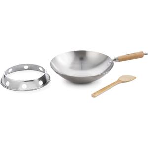Helen's Asian Kitchen Round Bottom Wok Set, Carbon Steel and Bamboo, 12-Inches, 4-Piece Set