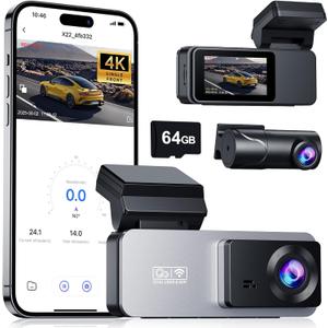 Dash Cam Front and Rear, 4K Front Dash Cam, 3K+1080P Dual Dash Camera for Cars, Built-in WiFi, Car Dashcams with Night Vision, Free 64GB Card, 24H Parking Mode, App Control, Silvery