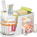 Marbrasse Desk Organizer with 2 Drawer, 360Rotating Pen Holder, Desk Organizers and Accessories with 6 Slots Pencil Organizer + 2 Drawer, Art Supply Storage Box Caddy for Office (White)