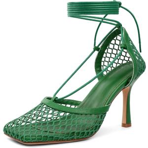 SAMMITOP Lace Up Mesh Heels for Women Comfortable High Stiletto Heel Tie Up Ankle Strap Closed Square Toe Pumps Bridal Wedding Shoes 3.5 Inch Green US Size 9.5