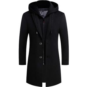 iCKER Mens Trench Coat Winter Wool Blend Jacket Overcoat Long Top Coat Warm Pea Coat (Large, 1908-black)