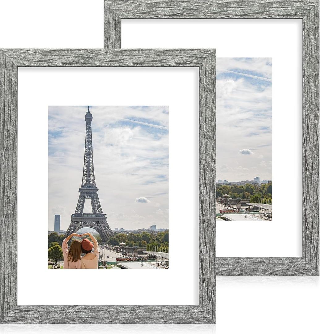 Hongkee 11x14 Picture Frame Set of 2, Made of Glass and Rustic Grey Wooden Frame, Display 8x10 Pictures with Mat or 11 x 14 Posters without Mat for Wall Mounting, Gallery Photo Frames
