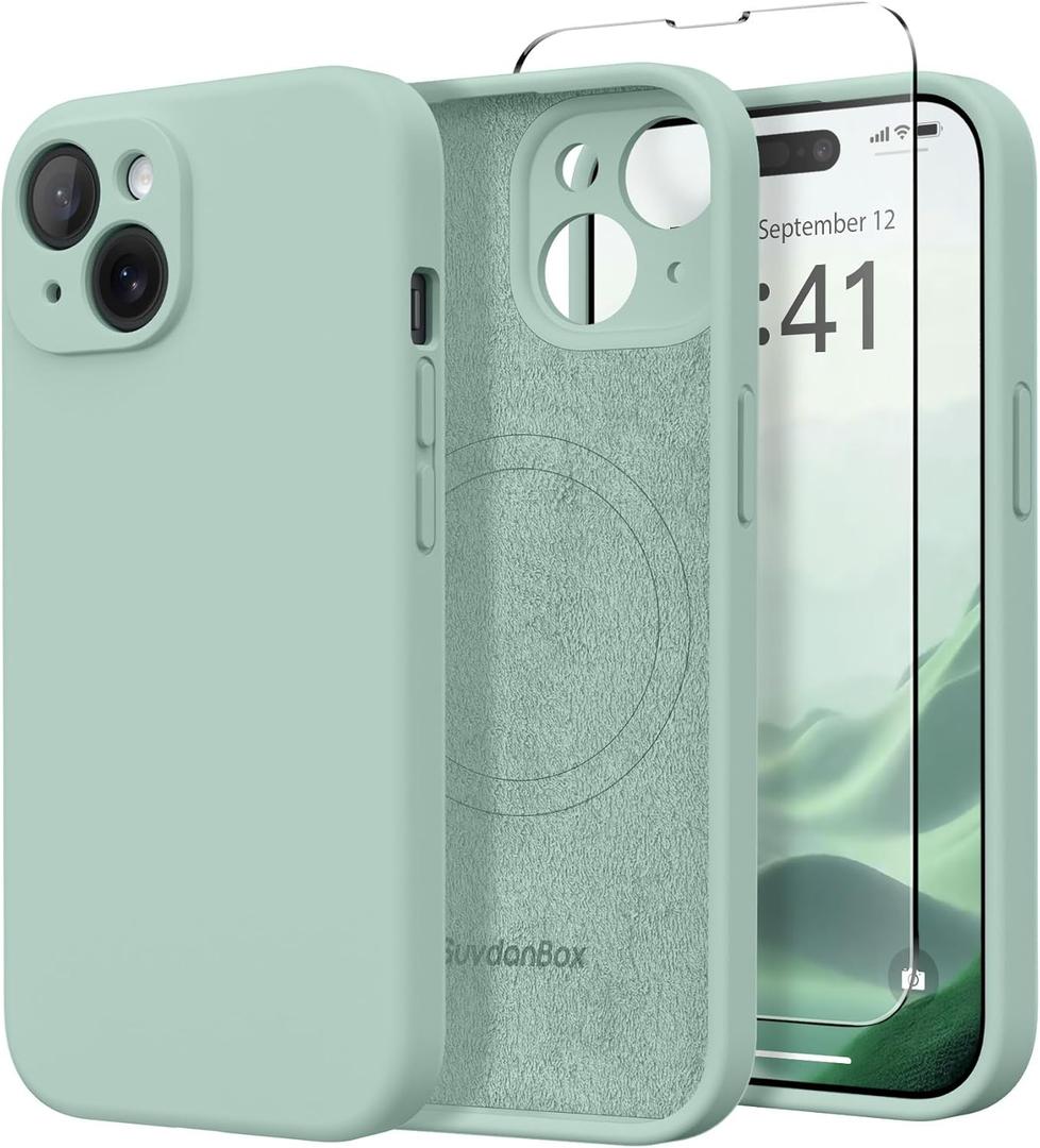 Magnetic for iPhone 15 Case, Compatible with MagSafe, [Screen Protector + Full Camera Protection], Silicone Shockproof Anti-Scratch Protective Phone Case for iPhone 15 6.1", Mint